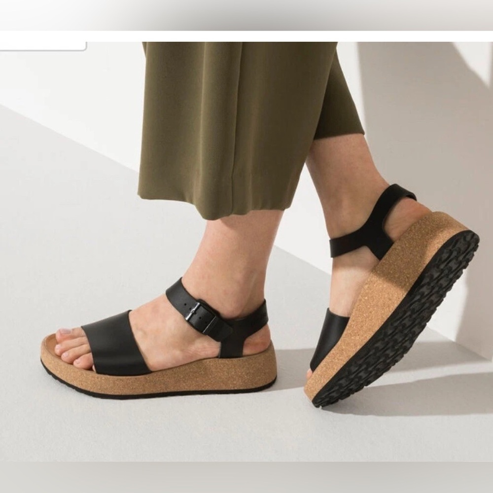 BIRKENSTOCK PAPILLIO GLENDA BLACK LEATHER WEDGE sandals  38 Ladies 7